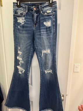 Flying Monkey Distressed Dark Blue Flare Jeans